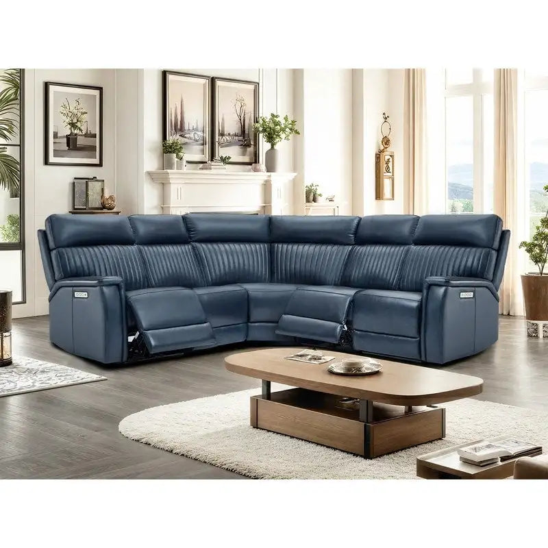 Canapé d'angle inclinable électrique 2 places en cuir véritable, crème/bleu, avec ports USB et USB-C