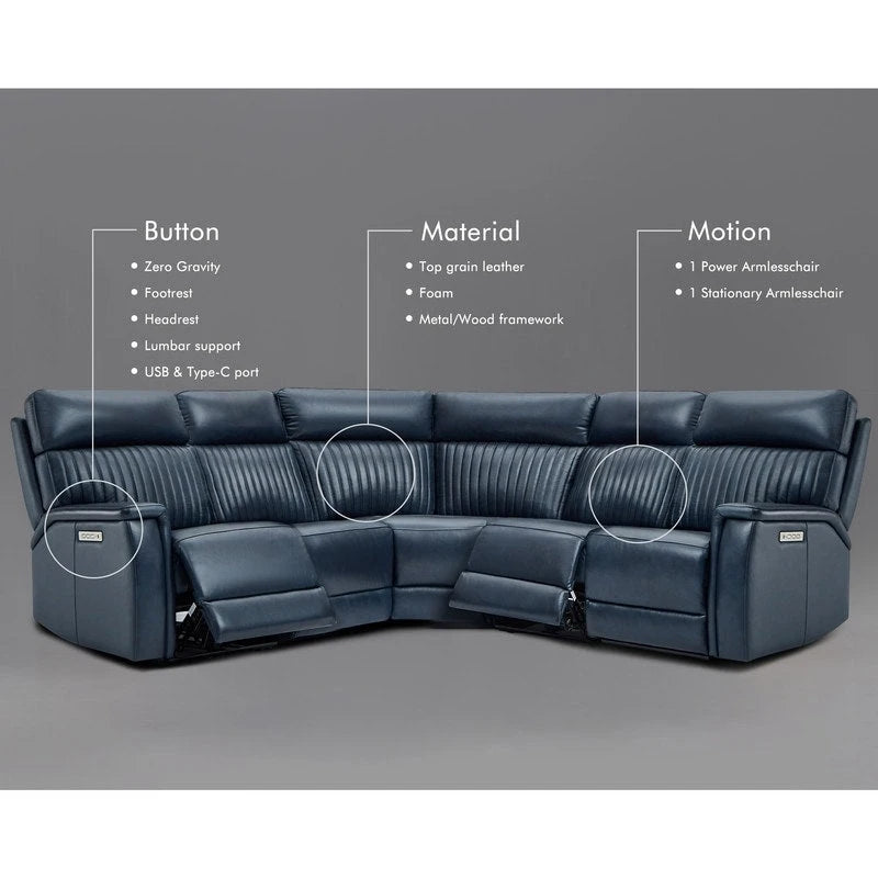 Canapé d'angle inclinable électrique 2 places en cuir véritable, crème/bleu, avec ports USB et USB-C