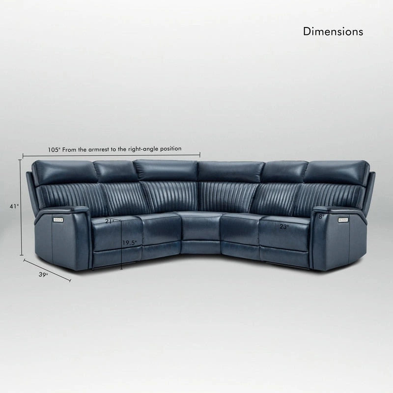 Canapé d'angle inclinable électrique 2 places en cuir véritable, crème/bleu, avec ports USB et USB-C