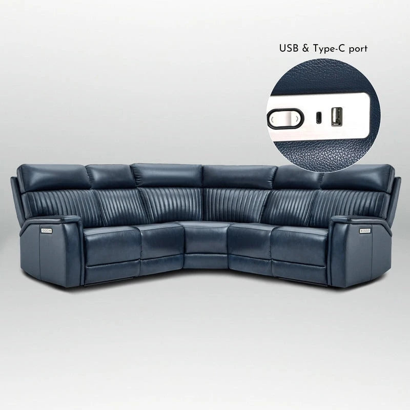 Canapé d'angle inclinable électrique 2 places en cuir véritable, crème/bleu, avec ports USB et USB-C