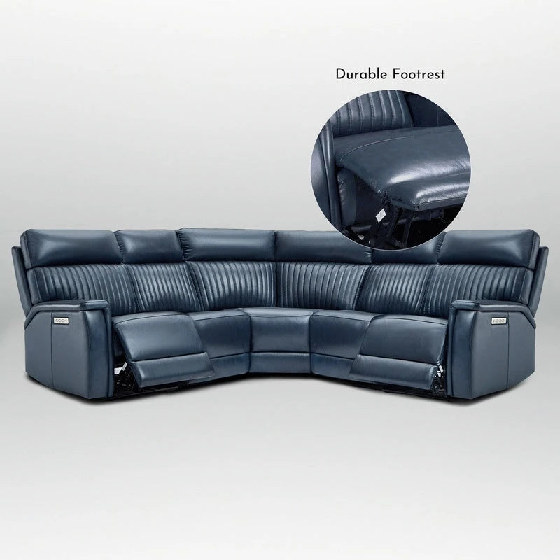 Canapé d'angle inclinable électrique 2 places en cuir véritable, crème/bleu, avec ports USB et USB-C