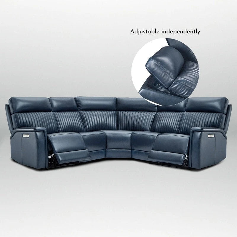 Canapé d'angle inclinable électrique 2 places en cuir véritable, crème/bleu, avec ports USB et USB-C
