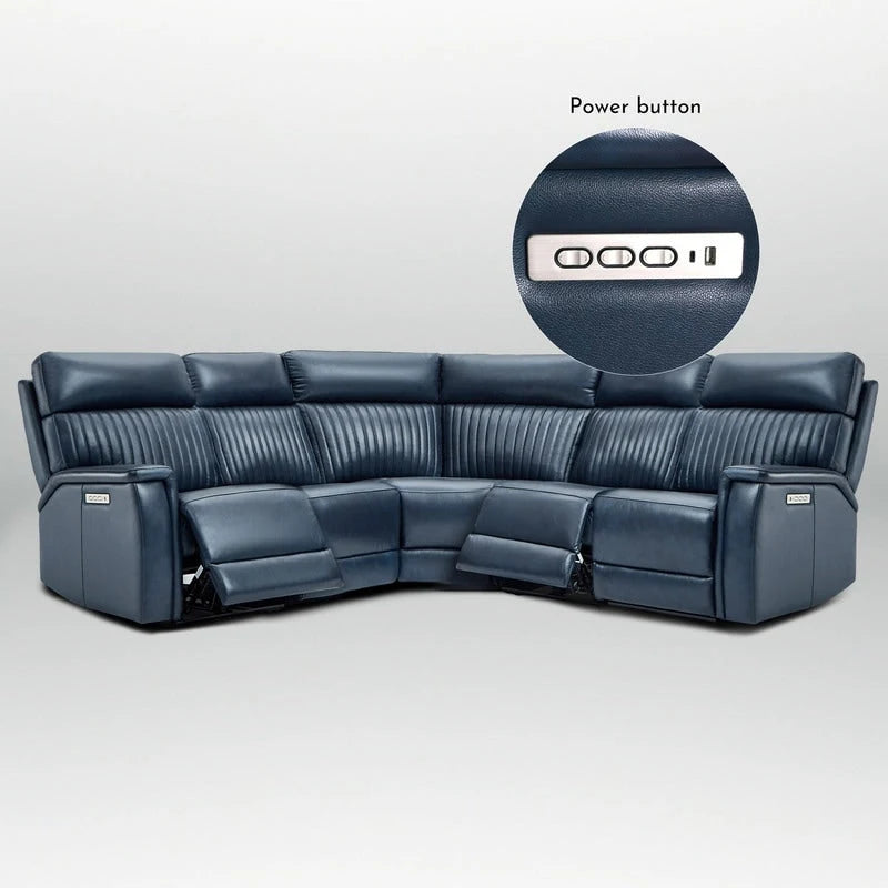Canapé d'angle inclinable électrique 2 places en cuir véritable, crème/bleu, avec ports USB et USB-C