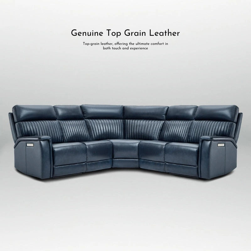 Canapé d'angle inclinable électrique 2 places en cuir véritable, crème/bleu, avec ports USB et USB-C