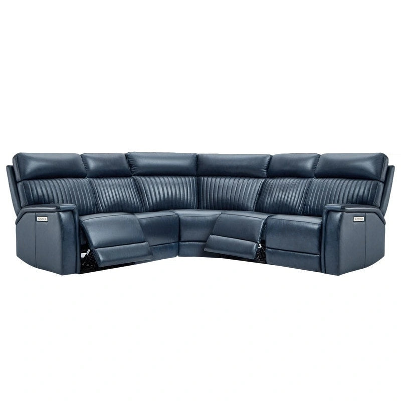 Canapé d'angle inclinable électrique 2 places en cuir véritable, crème/bleu, avec ports USB et USB-C