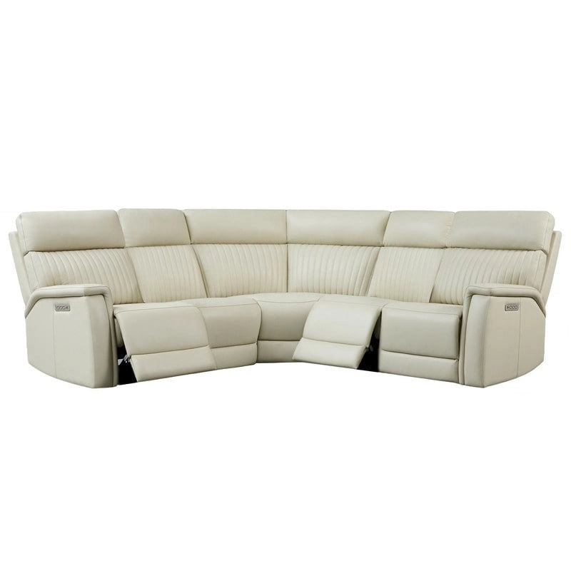 Canapé d'angle inclinable électrique 2 places en cuir véritable, crème/bleu, avec ports USB et USB-C