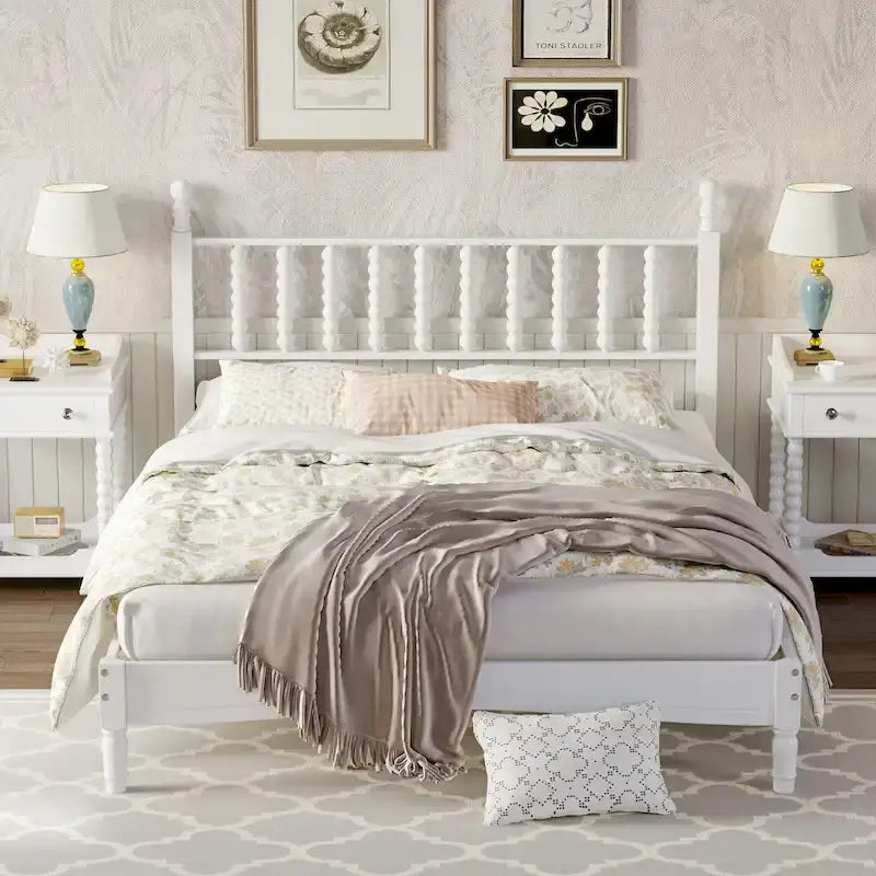 Lit plate-forme Queen avec tête de lit en forme de calebasse – Blanc / Noyer / Naturel, 1 personne
