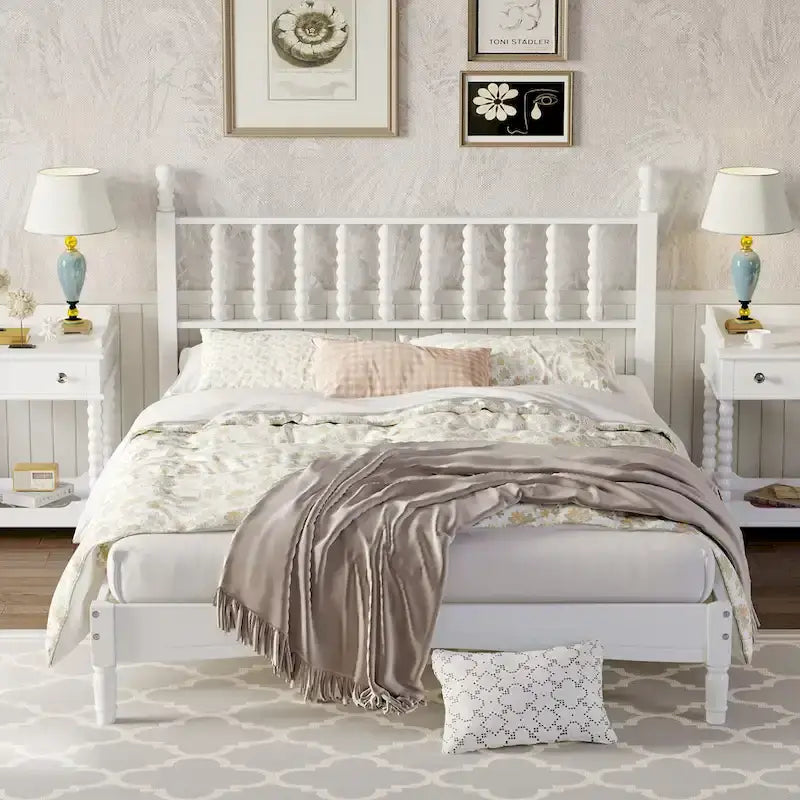 Lit plate-forme Queen avec tête de lit en forme de calebasse – Blanc / Noyer / Naturel, 1 personne