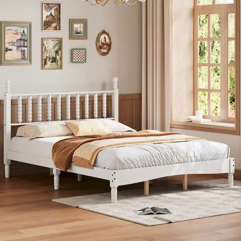 Lit plate-forme Queen avec tête de lit en forme de calebasse – Blanc / Noyer / Naturel, 1 personne