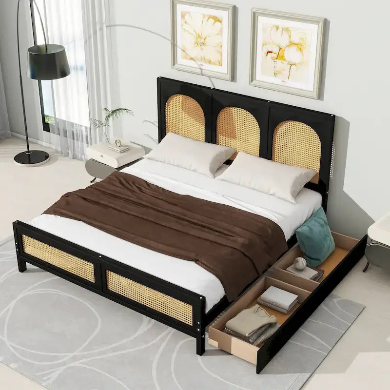 Lit plateforme de rangement Queen noir – Tête et pied de lit en rotin, 2 tiroirs