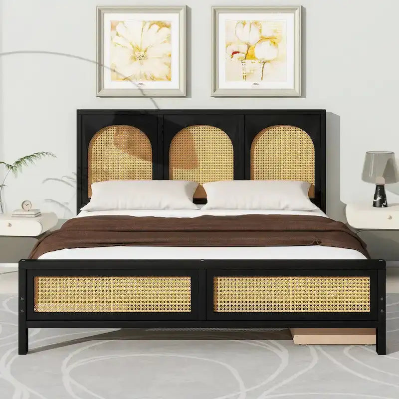 Lit plateforme de rangement Queen noir – Tête et pied de lit en rotin, 2 tiroirs