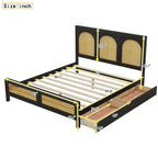 Lit plateforme de rangement Queen noir – Tête et pied de lit en rotin, 2 tiroirs