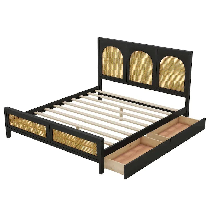 Lit plateforme de rangement Queen noir – Tête et pied de lit en rotin, 2 tiroirs