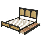 Lit plateforme de rangement Queen noir – Tête et pied de lit en rotin, 2 tiroirs