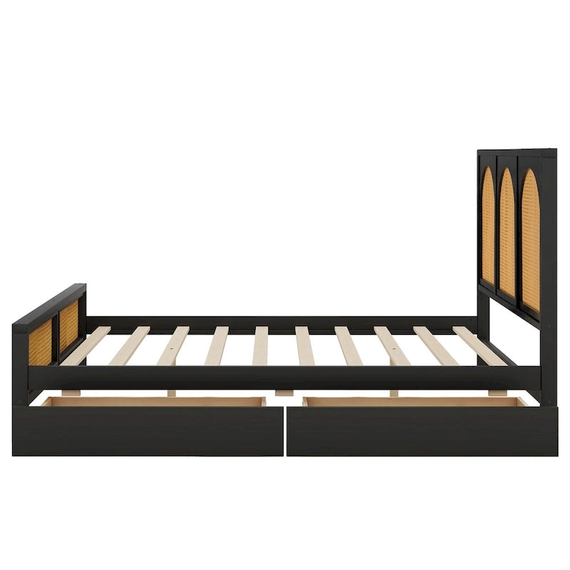 Lit plateforme de rangement Queen noir – Tête et pied de lit en rotin, 2 tiroirs