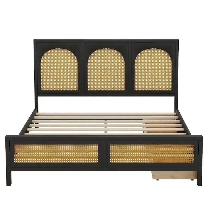 Lit plateforme de rangement Queen noir – Tête et pied de lit en rotin, 2 tiroirs