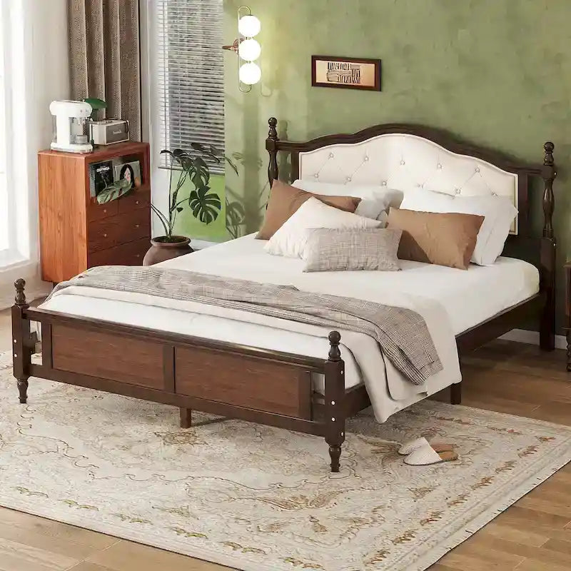 Lit Plateforme Queen Noyer avec Tête de Lit Rembourrée et Rangement, 2 Personnes
