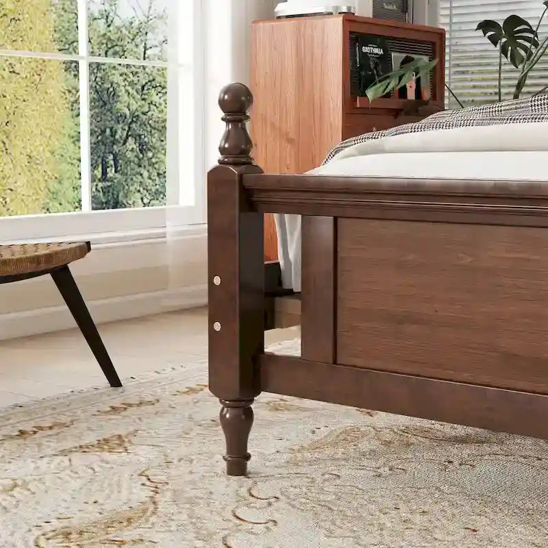 Lit Plateforme Queen Noyer avec Tête de Lit Rembourrée et Rangement, 2 Personnes