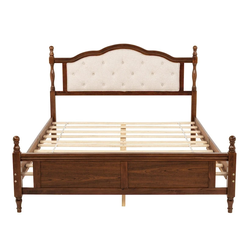 Lit Plateforme Queen Noyer avec Tête de Lit Rembourrée et Rangement, 2 Personnes