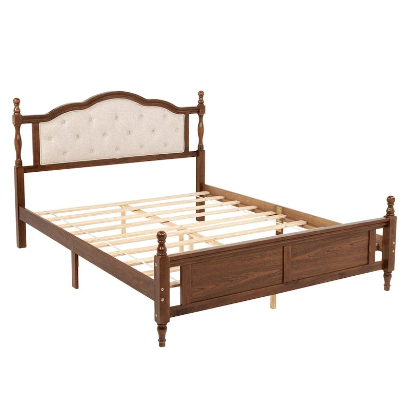Lit Plateforme Queen Noyer avec Tête de Lit Rembourrée et Rangement, 2 Personnes
