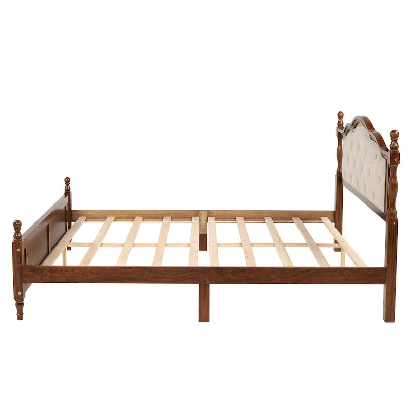 Lit Plateforme Queen Noyer avec Tête de Lit Rembourrée et Rangement, 2 Personnes