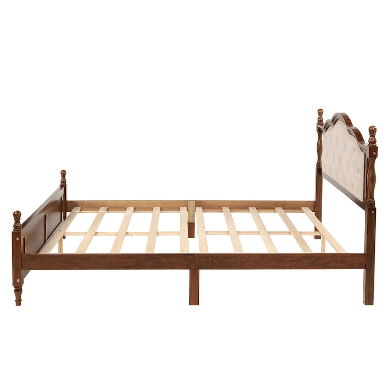 Lit Plateforme Queen Noyer avec Tête de Lit Rembourrée et Rangement, 2 Personnes