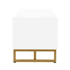 Meuble TV moderne blanc de 70 po avec rangement et tiroirs pour téléviseurs jusqu'à 65 po