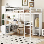 Lit mezzanine en métal pleine grandeur blanc cassé avec armoire, bureau en L et casiers de rangement