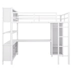 Lit mezzanine en métal pleine grandeur blanc cassé avec armoire, bureau en L et casiers de rangement