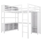 Lit mezzanine en métal pleine grandeur blanc cassé avec armoire, bureau en L et casiers de rangement