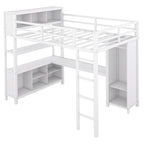 Lit mezzanine en métal pleine grandeur blanc cassé avec armoire, bureau en L et casiers de rangement