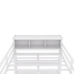 Lit mezzanine en métal pleine grandeur blanc cassé avec armoire, bureau en L et casiers de rangement