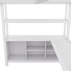 Lit mezzanine en métal pleine grandeur blanc cassé avec armoire, bureau en L et casiers de rangement