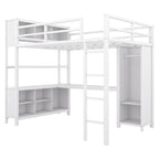 Lit mezzanine en métal pleine grandeur blanc cassé avec armoire, bureau en L et casiers de rangement