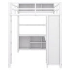 Lit mezzanine en métal pleine grandeur blanc cassé avec armoire, bureau en L et casiers de rangement
