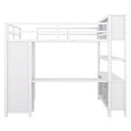 Lit mezzanine en métal pleine grandeur blanc cassé avec armoire, bureau en L et casiers de rangement