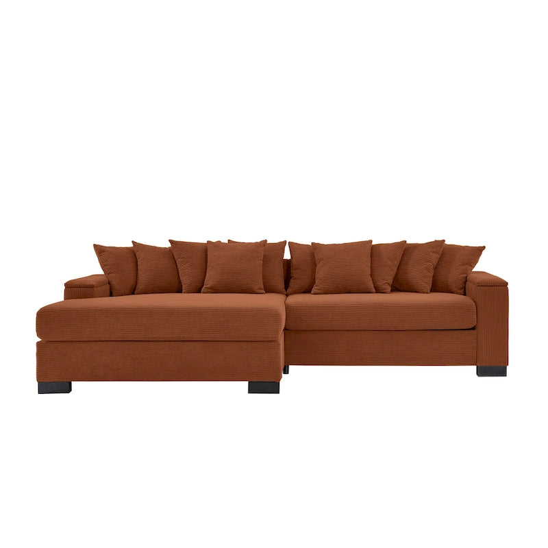Canapé d'angle en velours côtelé vert / marron rougeâtre / beige / gris, méridienne réversible, 2 places