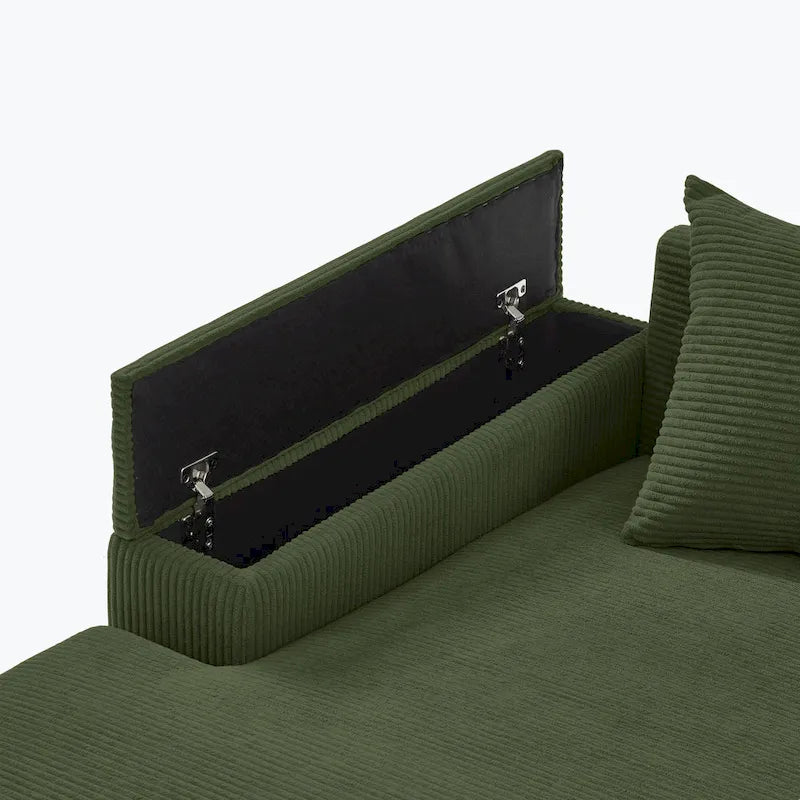 Canapé d'angle en velours côtelé vert / marron rougeâtre / beige / gris, méridienne réversible, 2 places