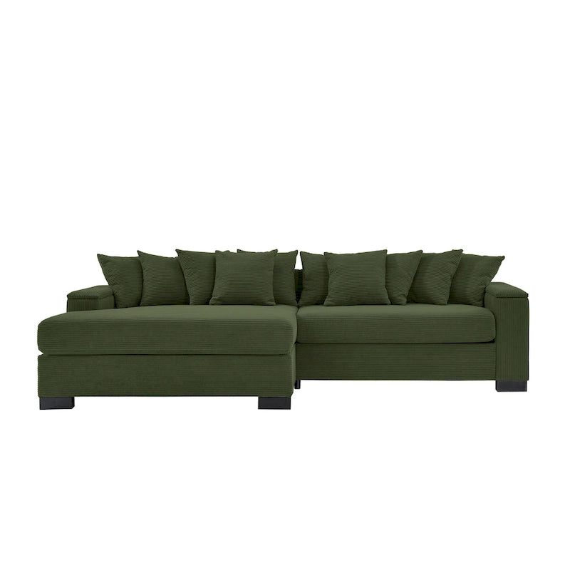 Canapé d'angle en velours côtelé vert / marron rougeâtre / beige / gris, méridienne réversible, 2 places