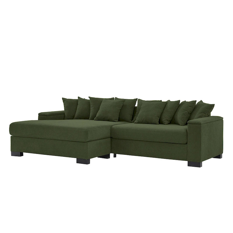 Canapé d'angle en velours côtelé vert / marron rougeâtre / beige / gris, méridienne réversible, 2 places