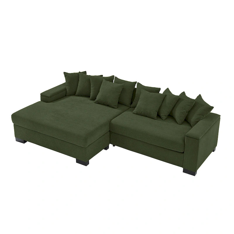 Canapé d'angle en velours côtelé vert / marron rougeâtre / beige / gris, méridienne réversible, 2 places