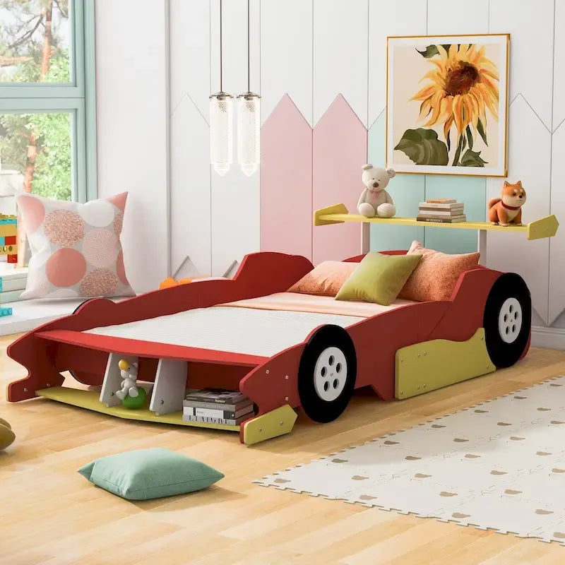Lit plateforme complet en forme de voiture de course rouge/bleue/noire avec barrière de sécurité, pour 1 personne
