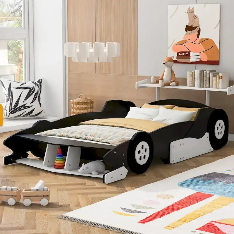 Lit plateforme complet en forme de voiture de course rouge/bleue/noire avec barrière de sécurité, pour 1 personne