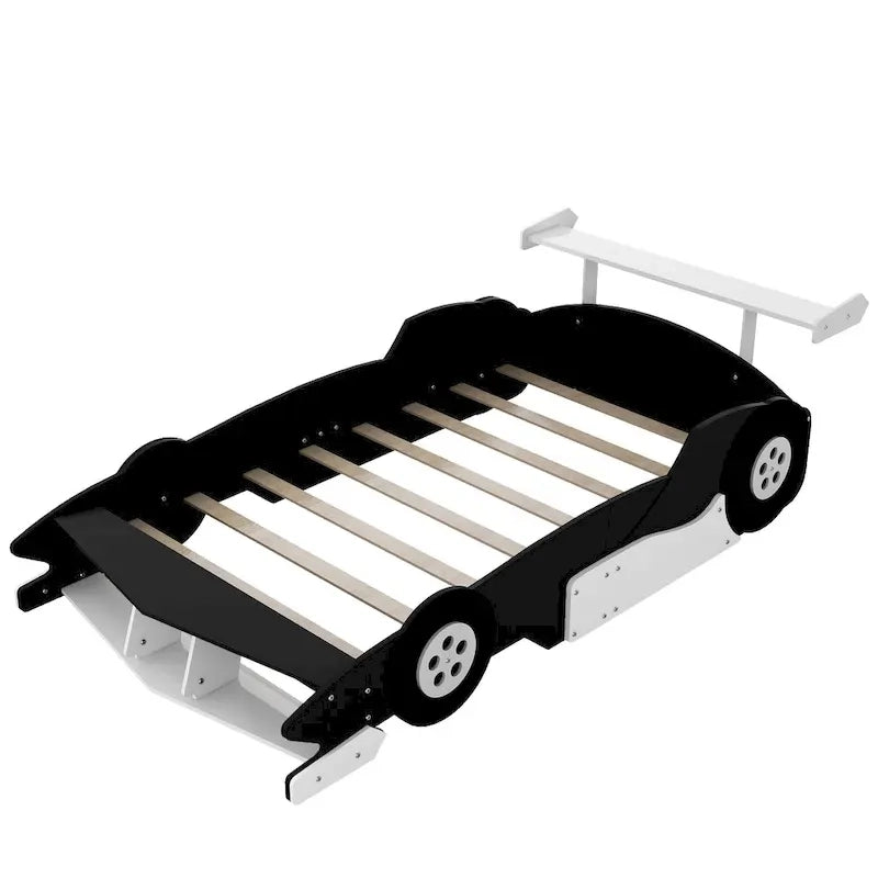 Lit plateforme complet en forme de voiture de course rouge/bleue/noire avec barrière de sécurité, pour 1 personne