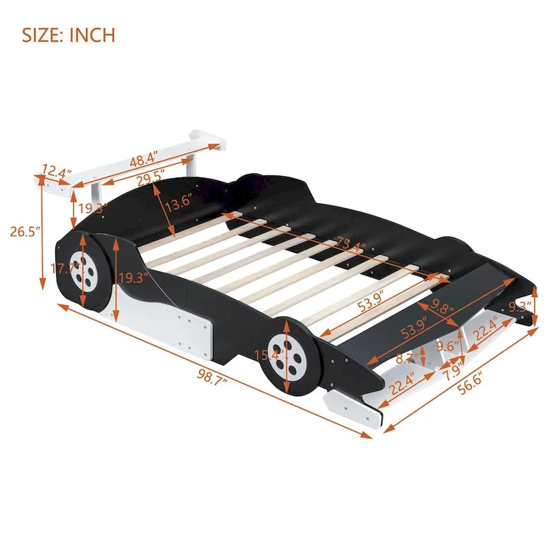 Lit plateforme complet en forme de voiture de course rouge/bleue/noire avec barrière de sécurité, pour 1 personne