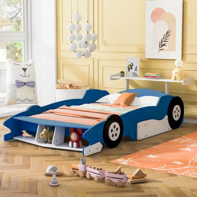 Lit plateforme complet en forme de voiture de course rouge/bleue/noire avec barrière de sécurité, pour 1 personne