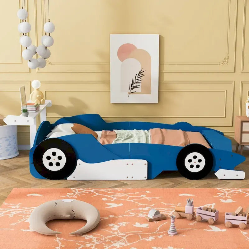 Lit plateforme complet en forme de voiture de course rouge/bleue/noire avec barrière de sécurité, pour 1 personne