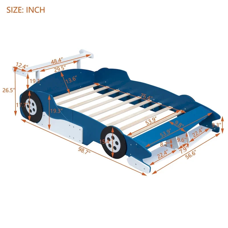 Lit plateforme complet en forme de voiture de course rouge/bleue/noire avec barrière de sécurité, pour 1 personne
