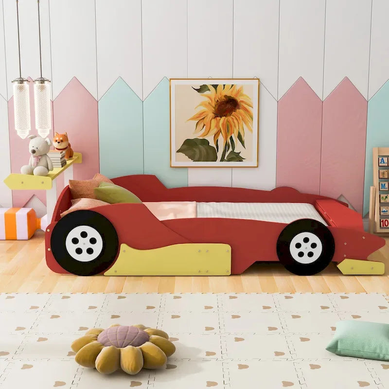 Lit plateforme complet en forme de voiture de course rouge/bleue/noire avec barrière de sécurité, pour 1 personne