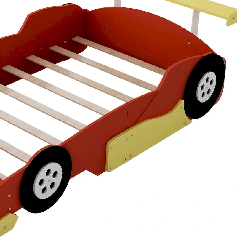 Lit plateforme complet en forme de voiture de course rouge/bleue/noire avec barrière de sécurité, pour 1 personne